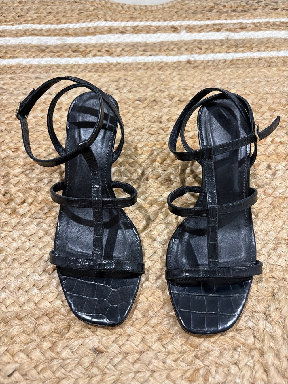 J. Crew Black Croc-Embossed Strappy Wedge Sandals